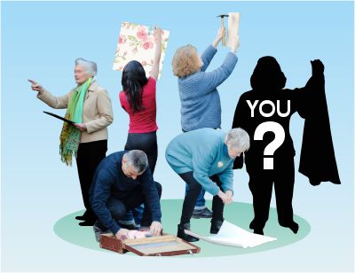 Several people are engaged in activities in preparation for a production. A silhouette is labeled YOU? indicating an invitation to participate.