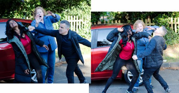 Fight Scene. A man and a woman depict in a struggle near a red car. On the left, the man is attacking the woman, while another woman reacts with alarm. On the right, the woman fights back.