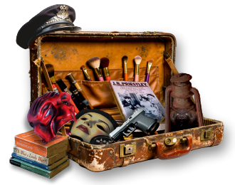 An open, worn suitcase is filled with an eclectic assortment of items including 
            masks, makeup brushes, books, a gun, a lantern, and a police cap. The contents suggest a dramatic or mysterious theme.